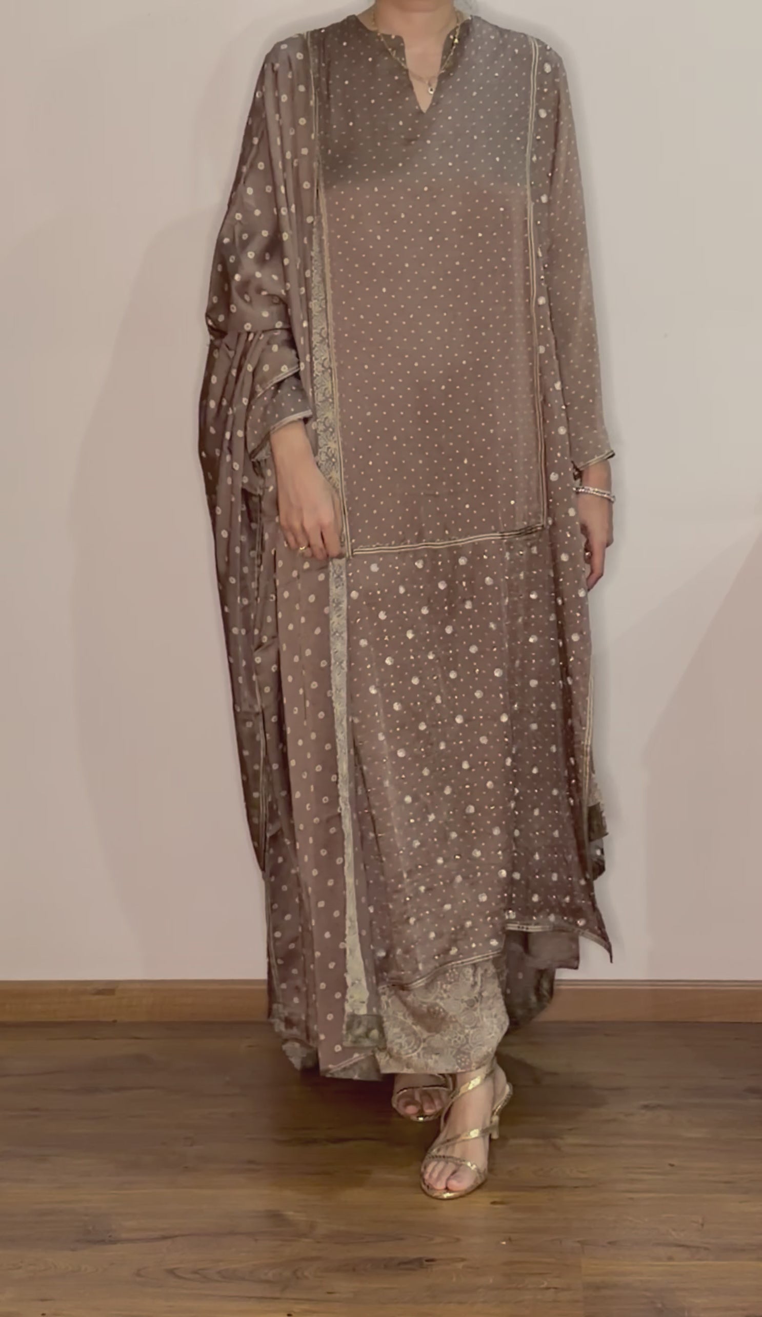 Ajrakh hand dyed hand block printed modal silk panel cut salwar set with cut bead handwork