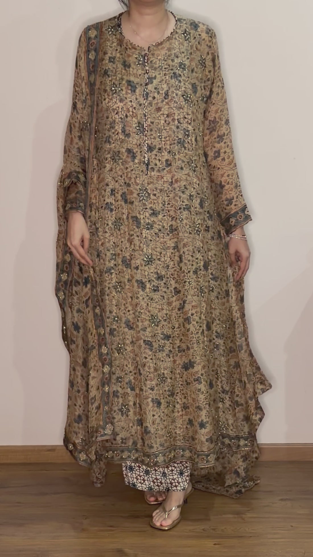 Ajrakh hand dyed hand block printed kota silk jacket set with cut bead handwork