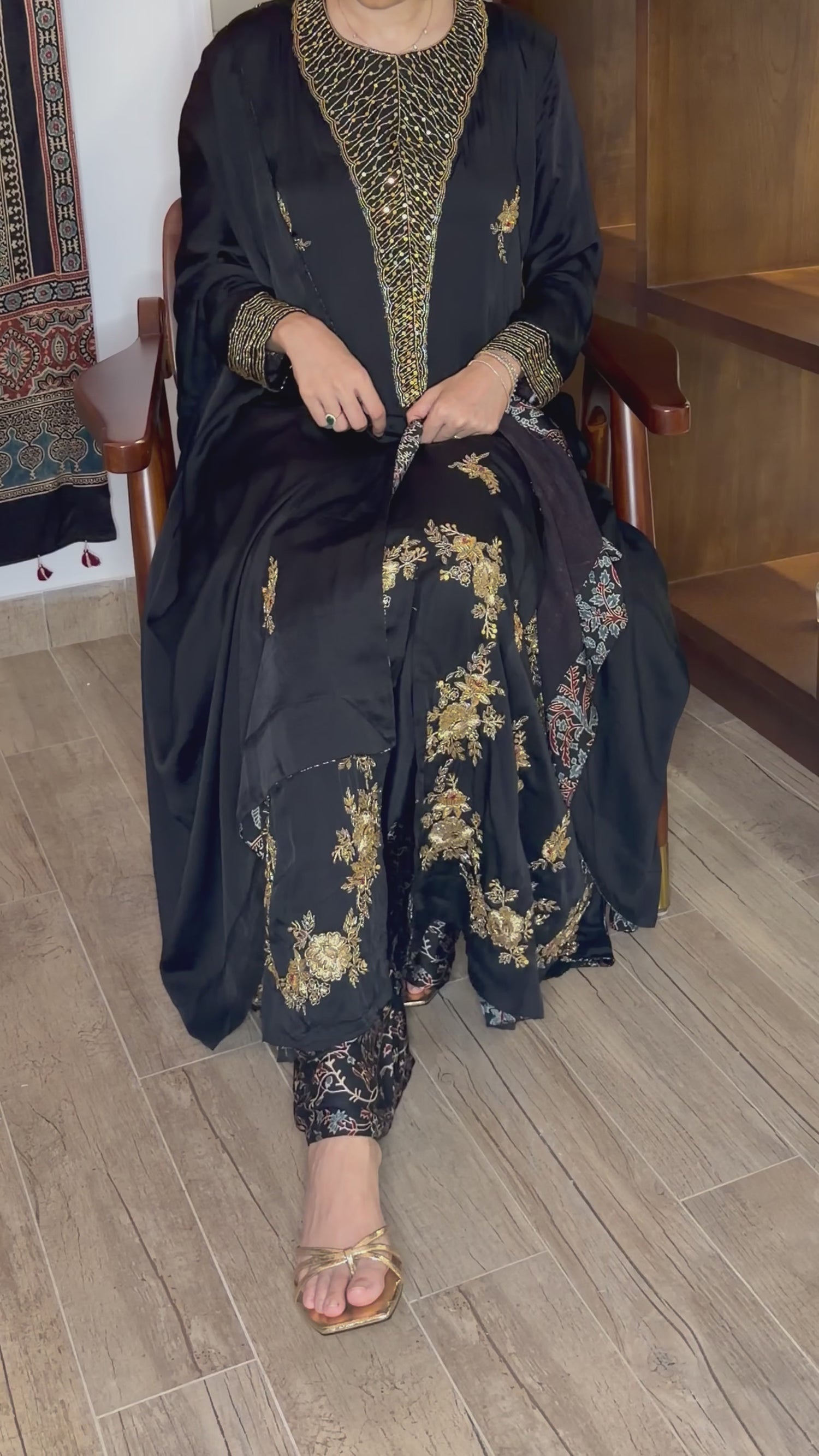 Ajrakh hand dyed hand block printed modal silk panel cut salwar set with cut bead handwork