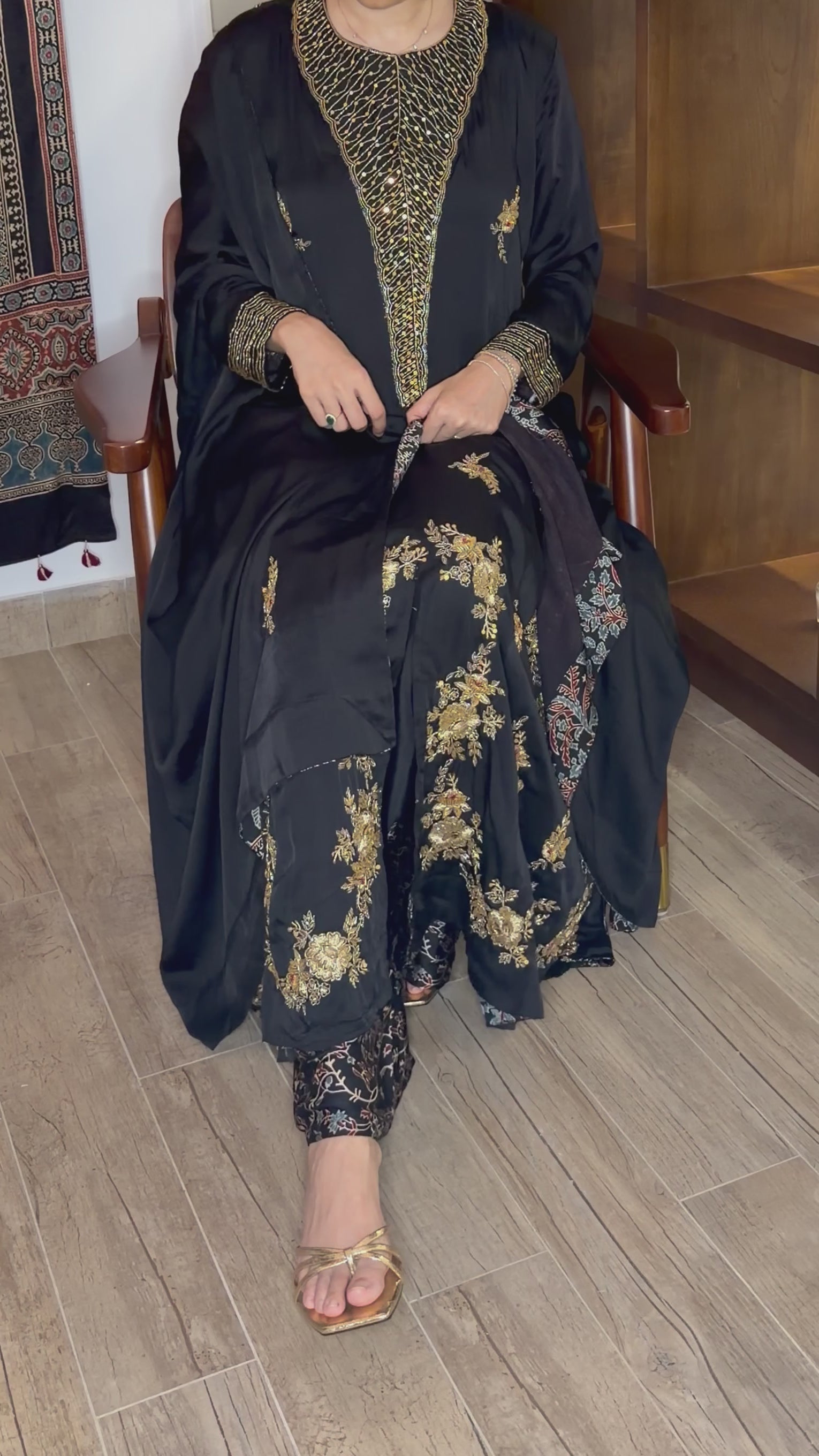 Ajrakh hand dyed hand block printed modal silk panel cut salwar set with cut bead handwork