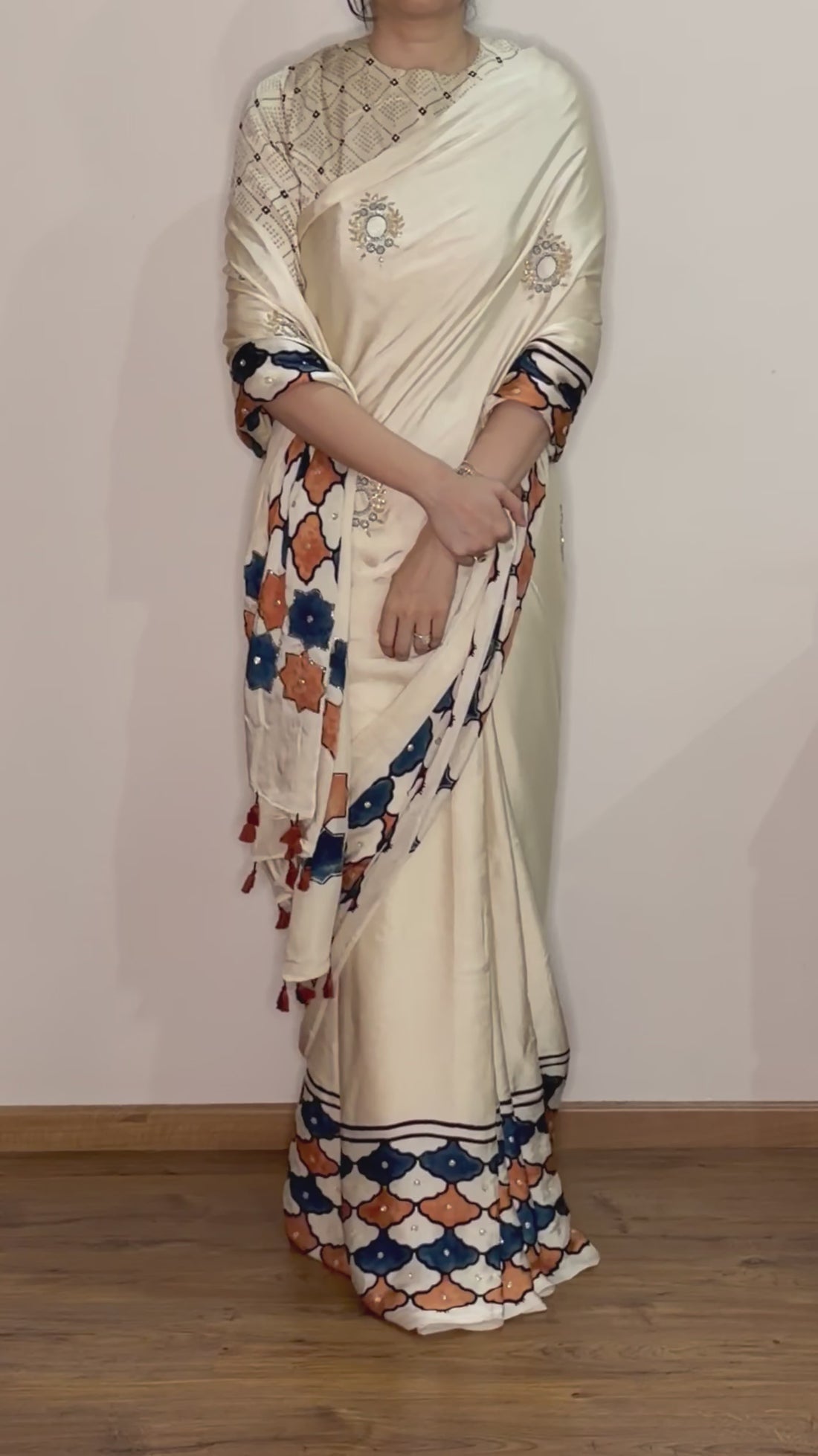Bespoke ‘Jasmine’ hand printed 
Ajrakh pure modal silk hand dyed, hand block printed and handworked saree
