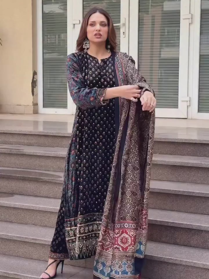 Ajrakh hand block printed velvet silk  panel line salwar set with cutbead handwork