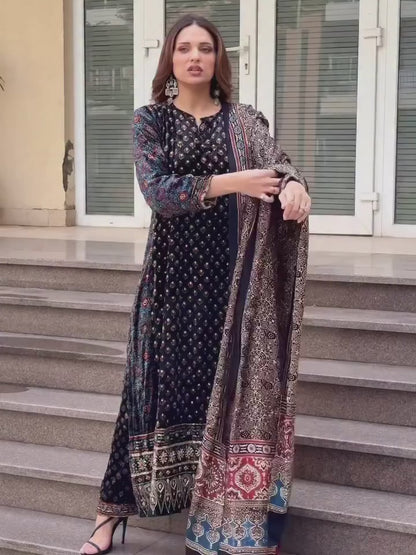 Ajrakh hand block printed velvet silk  panel line salwar set with cutbead handwork