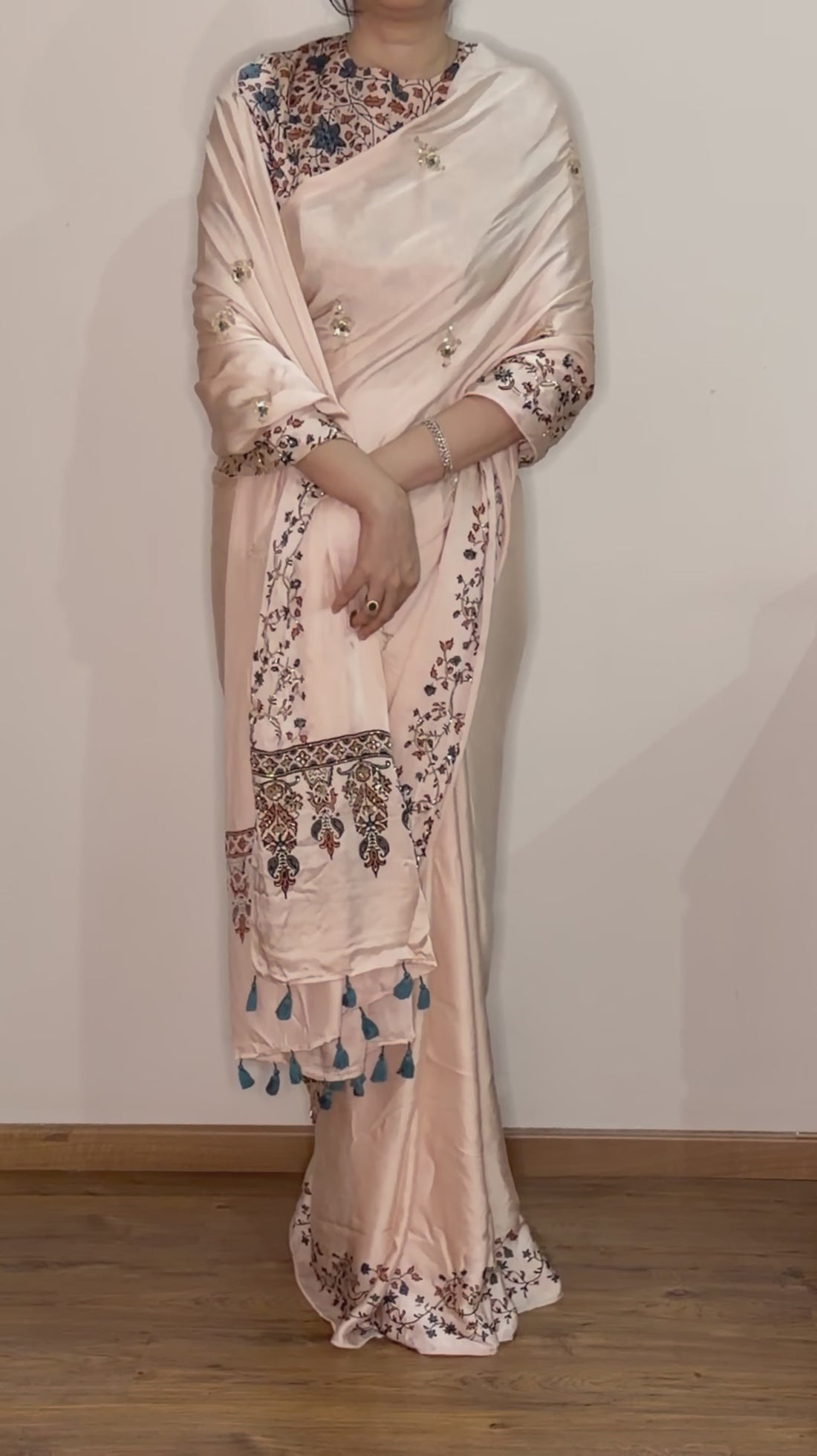 Bespoke ‘Jasmine’ hand printed 
Ajrakh pure modal silk hand dyed, hand block printed and handworked saree