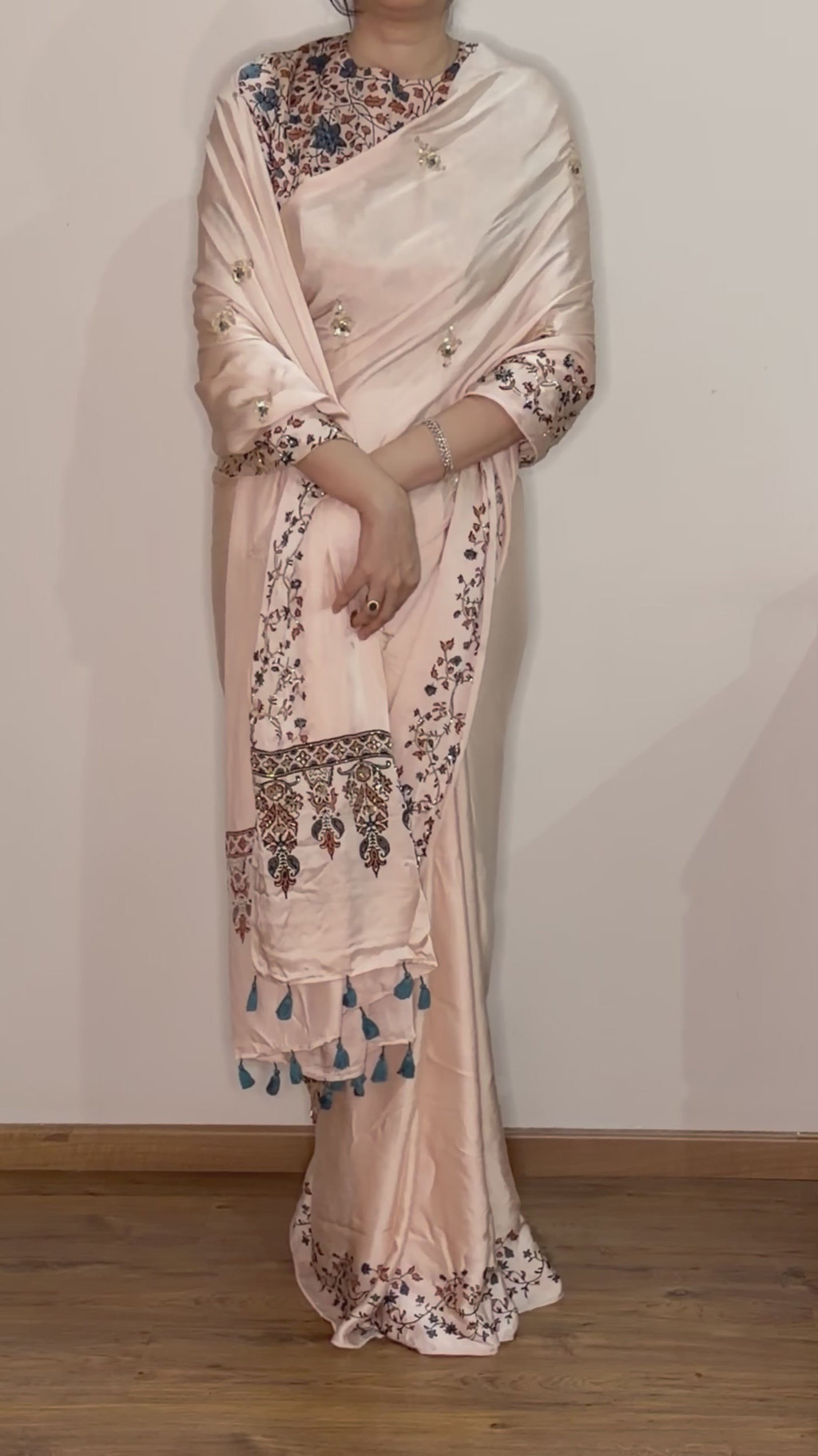 Bespoke ‘Jasmine’ hand printed 
Ajrakh pure modal silk hand dyed, hand block printed and handworked saree