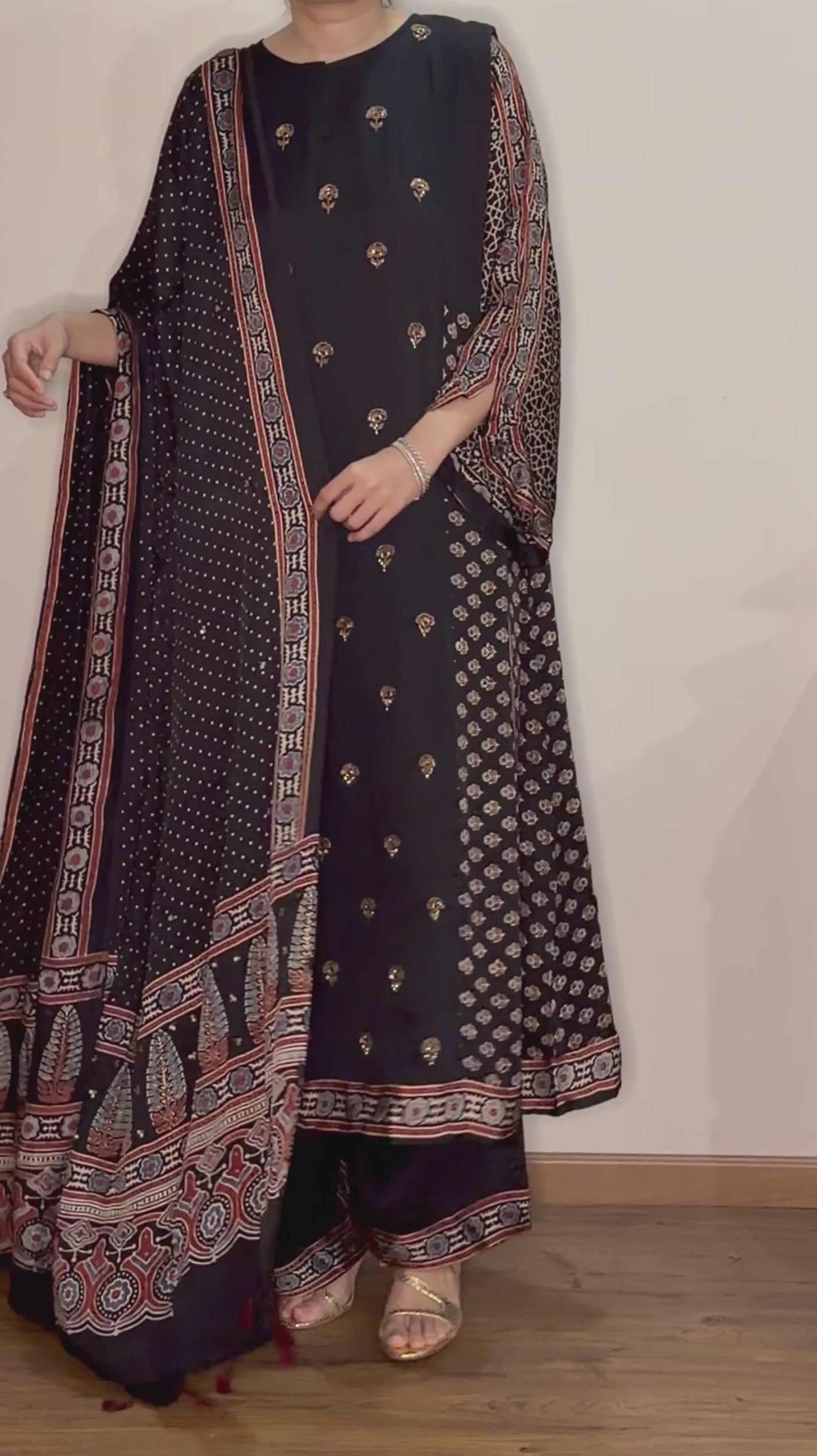 Ajrakh hand block printed modal silk A line salwar set with zardosi handwork