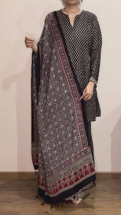 Ajrakh hand dyed hand block printed modal silk sharara set with cut bead handwork