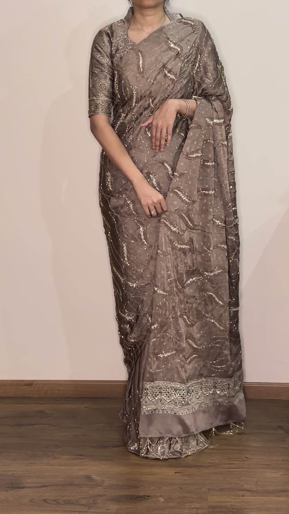 Ajrakh pure modal silk hand dyed, hand block printed and handworked saree