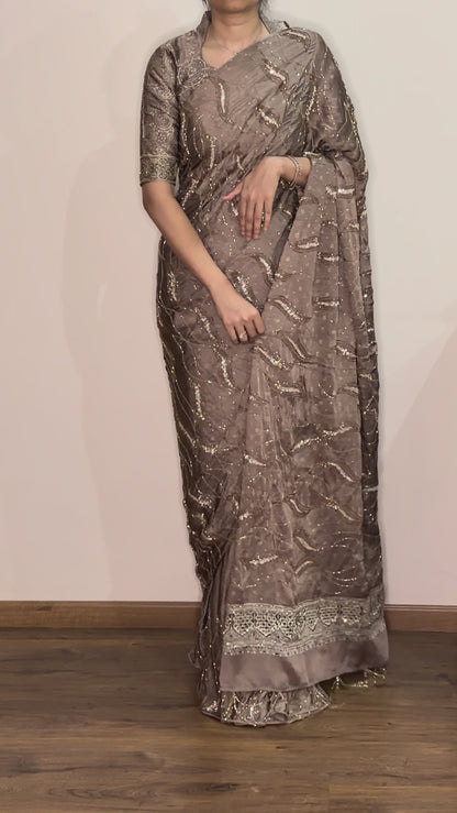 Ajrakh pure modal silk hand dyed, hand block printed and handworked saree