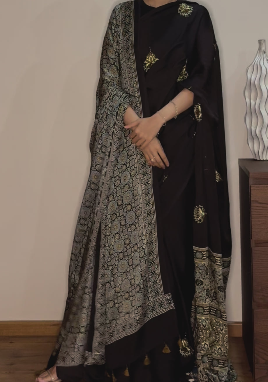 Ajrakh modal silk handworked saree with modal silk handworked dupatta