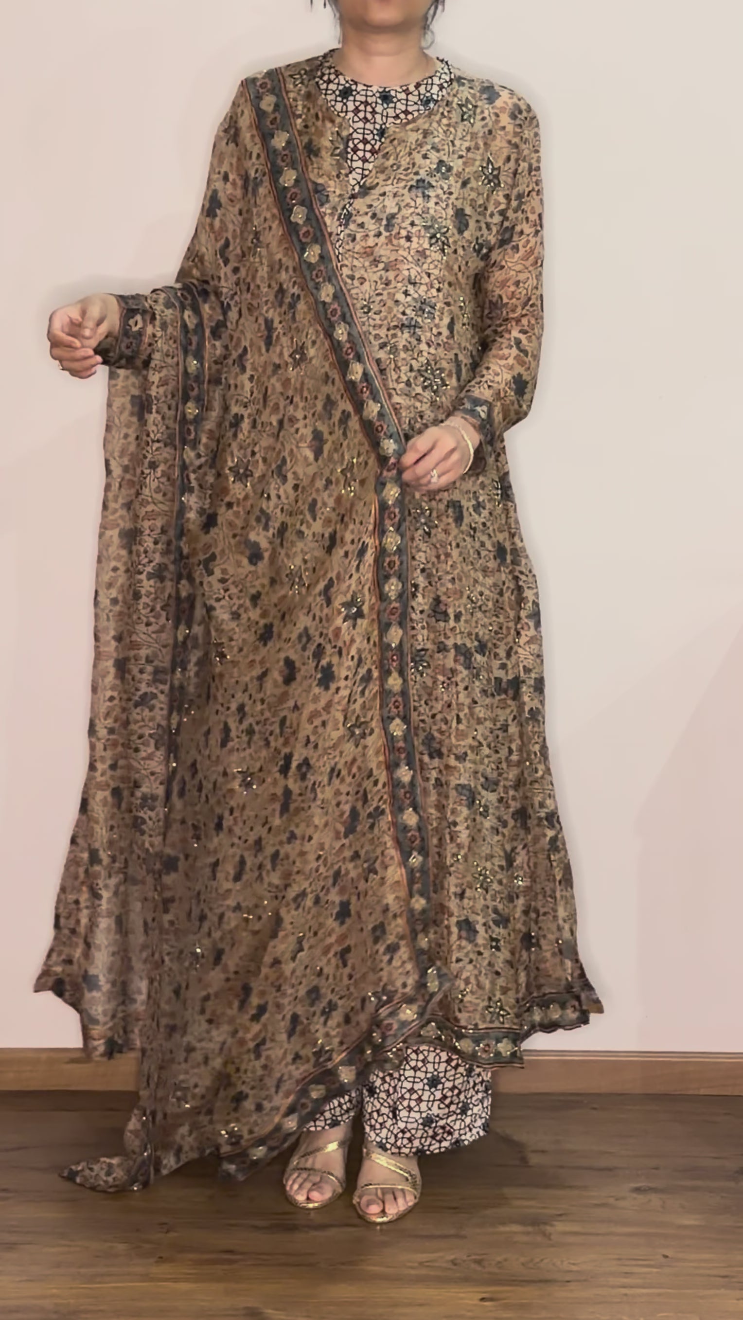 Ajrakh hand dyed hand block printed kota silk jacket set with cut bead handwork