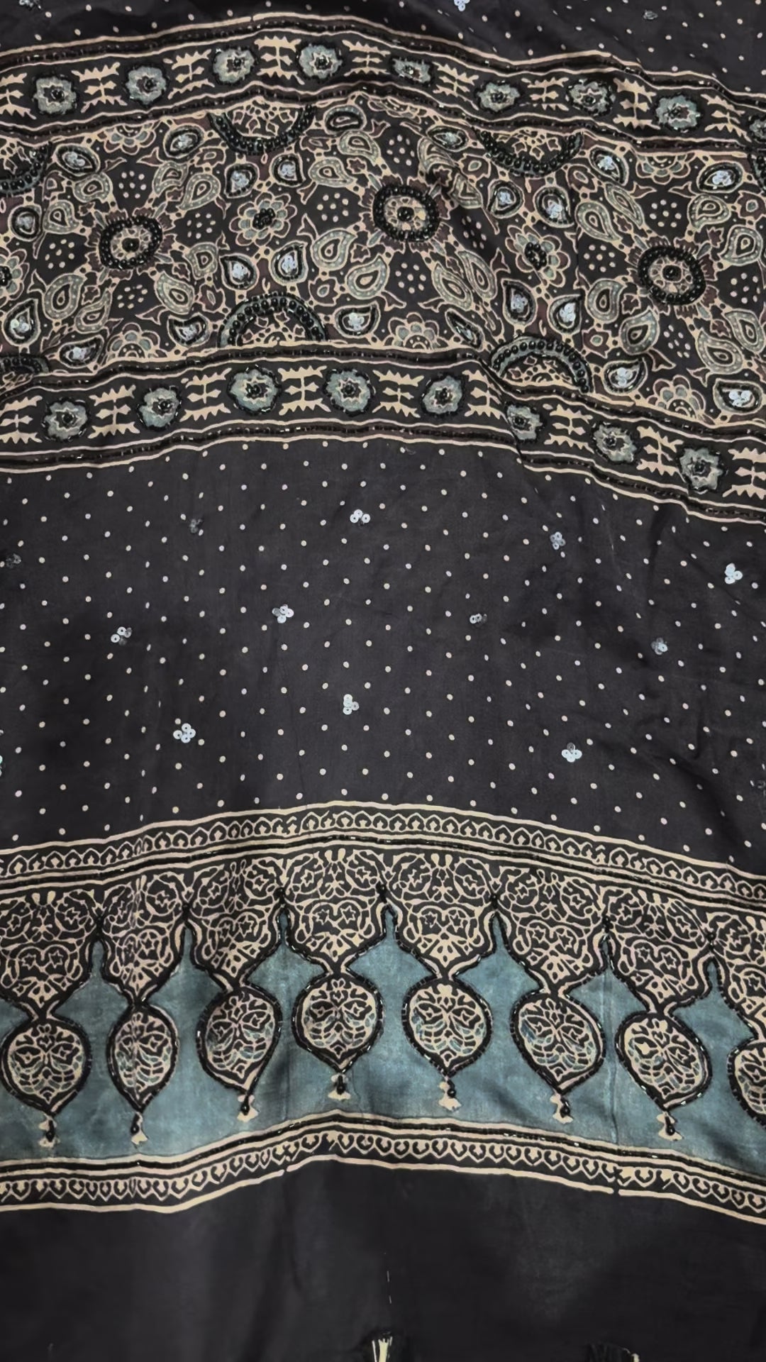 Ajrakh pure handloom gajji silk hand dyed, hand block printed and handworked saree