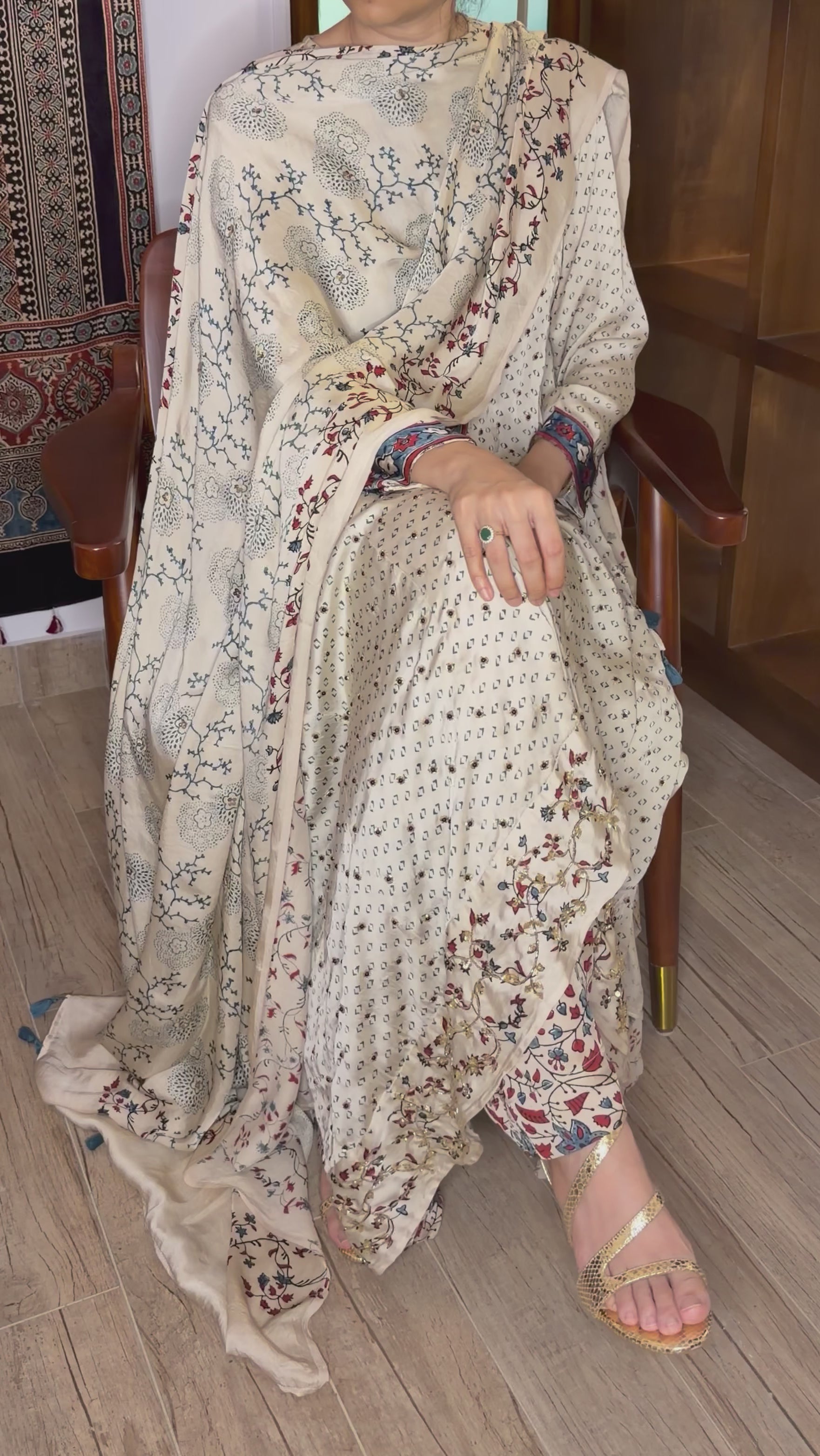 Ajrakh hand dyed hand block printed modal silk panel cut masakali set with cut bead handwork