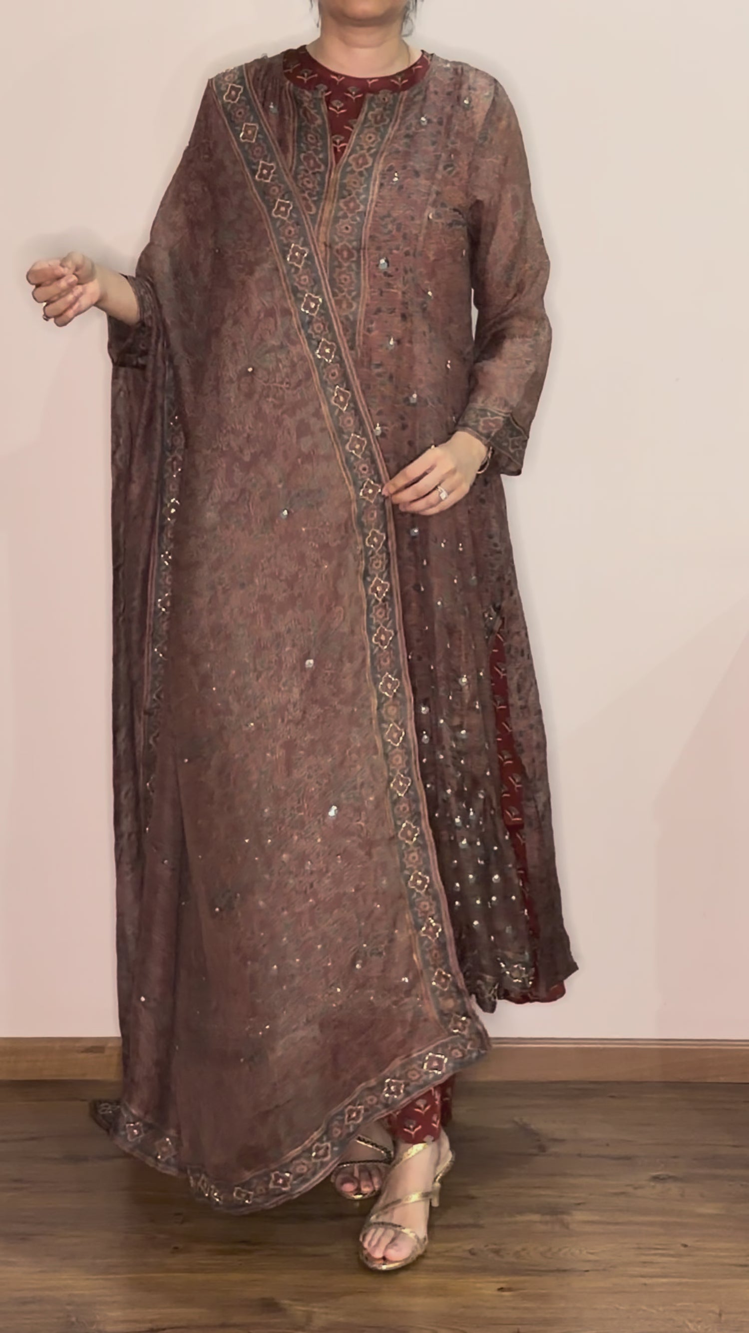 Ajrakh hand dyed hand block printed kota silk jacket set with cut bead handwork