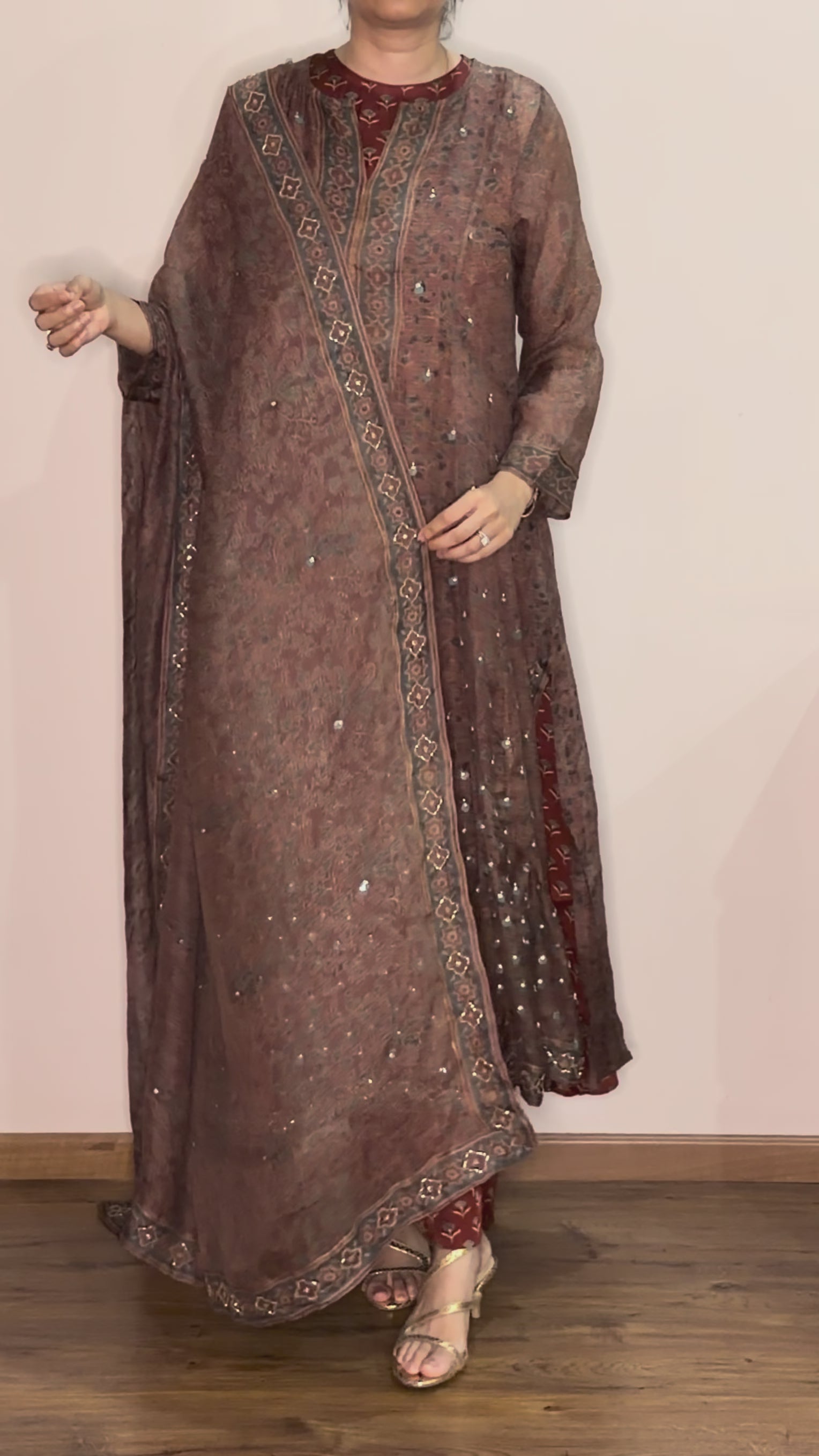 Ajrakh hand dyed hand block printed kota silk jacket set with cut bead handwork