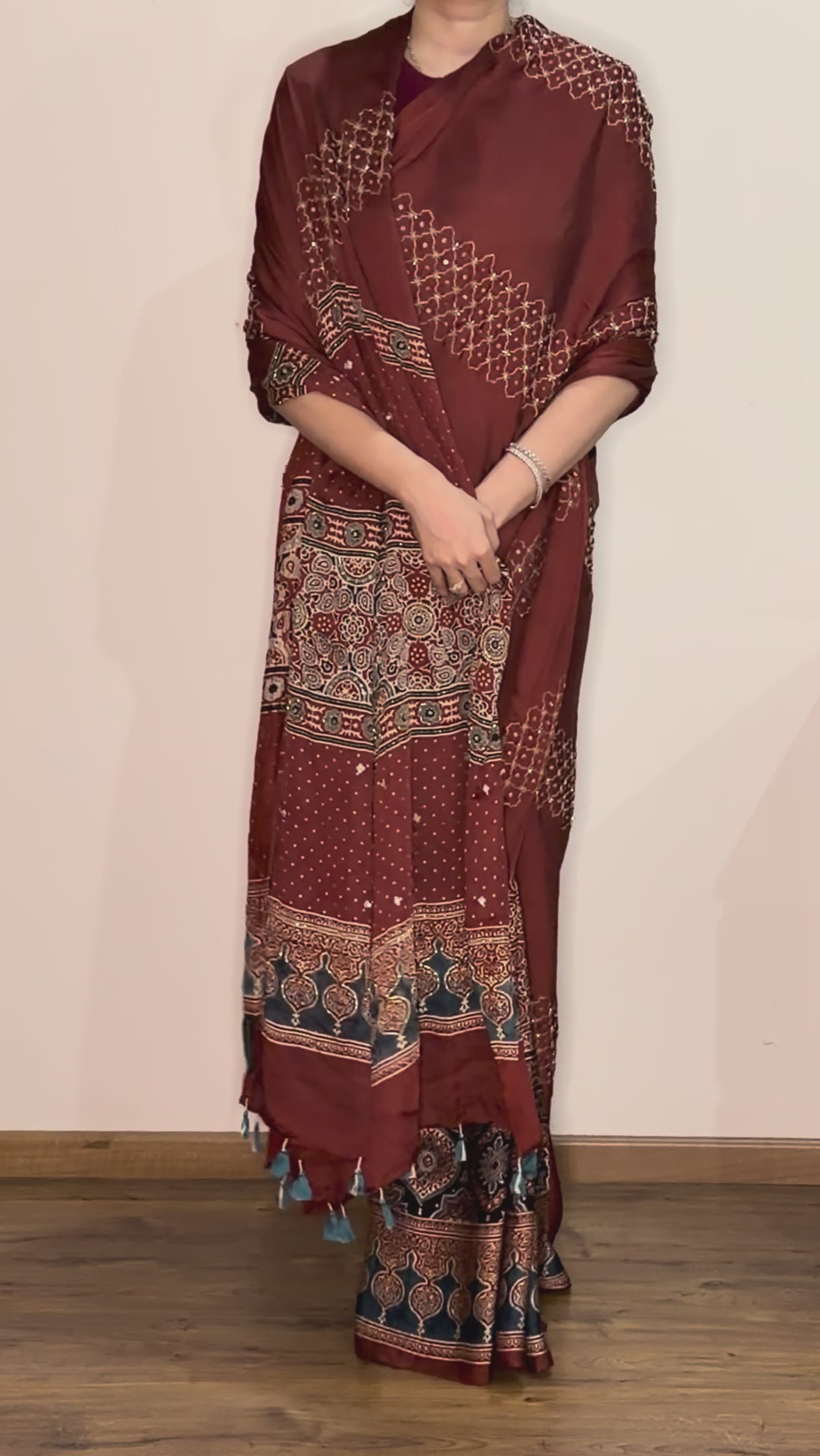 Ajrakh modal silk handworked saree with modal silk handworked dupatta