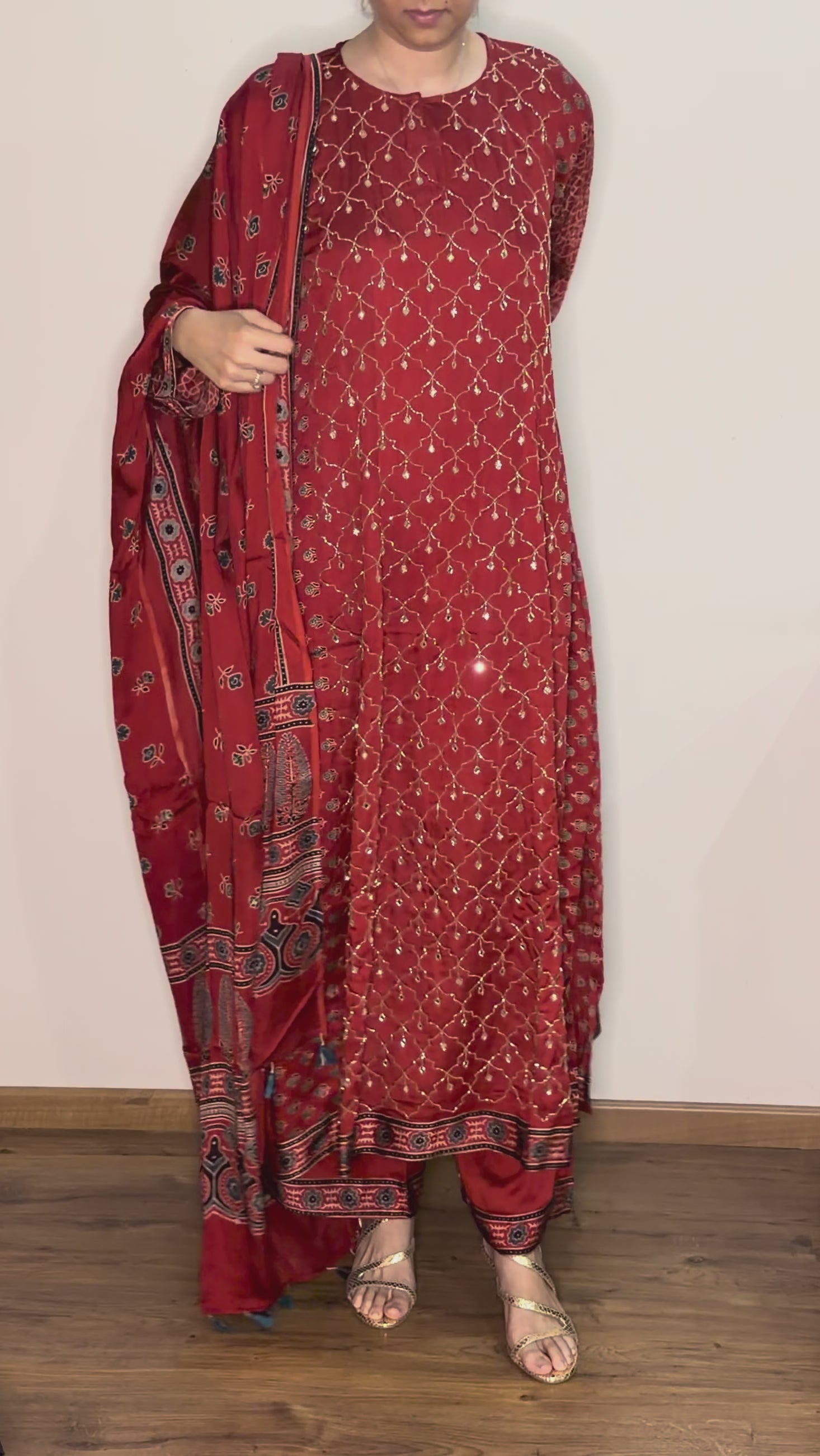 Ajrakh hand block printed modal silk A line salwar set with zardosi handwork