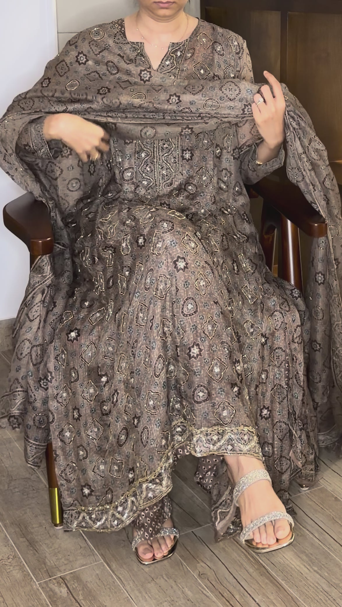 Ajrakh hand dyed hand block printed kota silk jacket set with cut bead handwork
