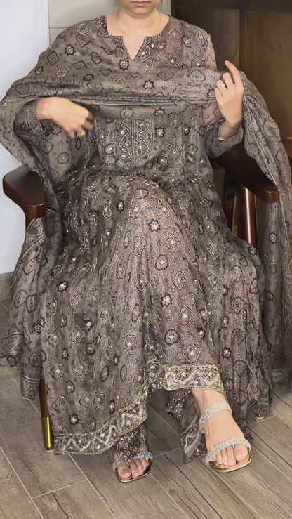 Ajrakh hand dyed hand block printed kota silk jacket set with cut bead handwork