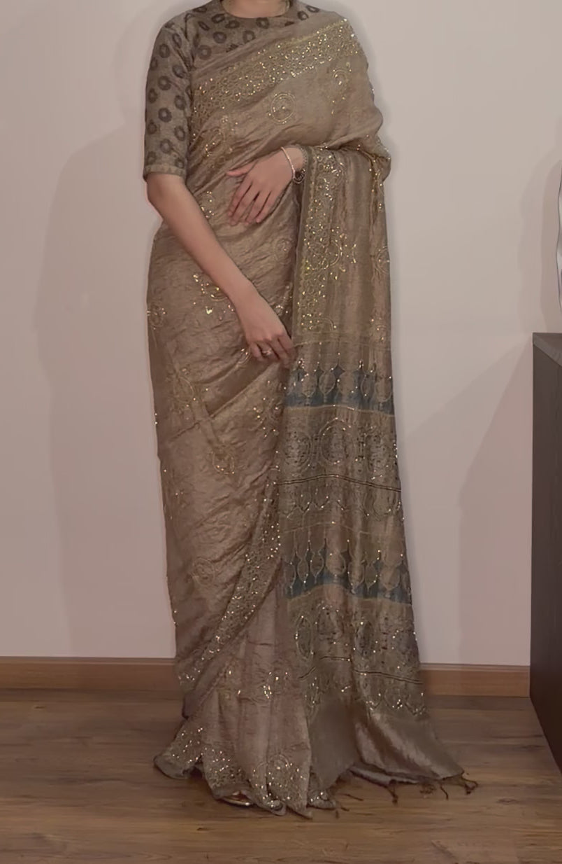 Ajrakh pure handloom tussar silk hand dyed, hand block printed and handworked saree