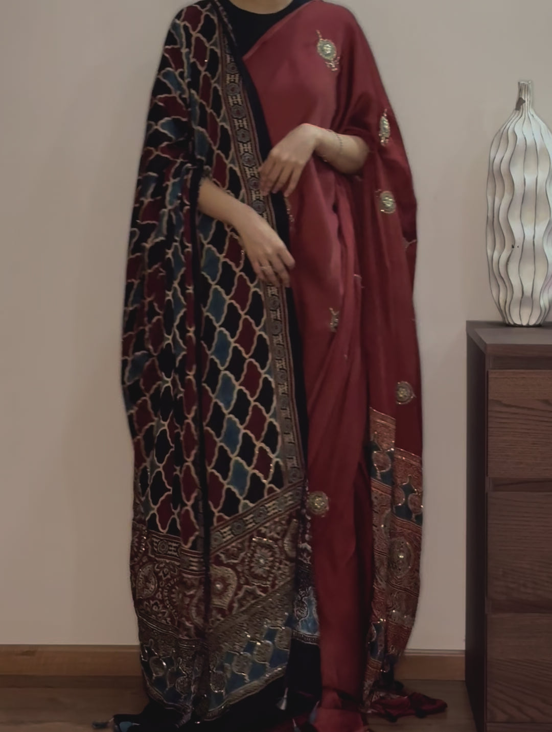 Ajrakh modal silk handworked saree with modal silk handworked dupatta