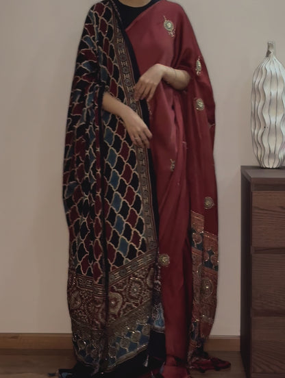 Ajrakh modal silk handworked saree with modal silk handworked dupatta