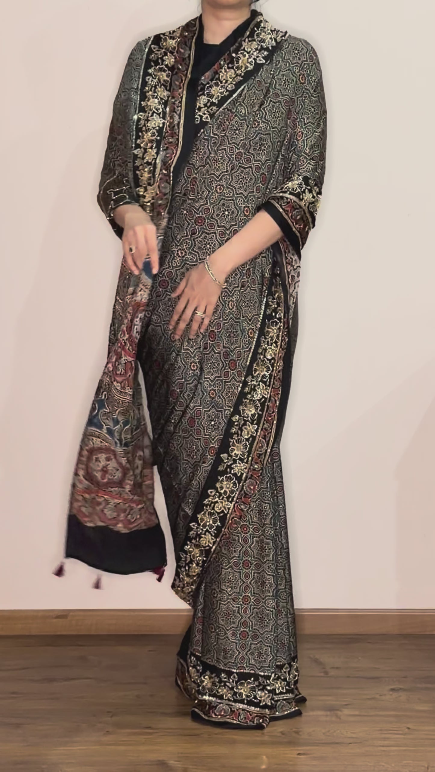Ajrakh pure modal silk hand dyed, hand block printed and handworked saree