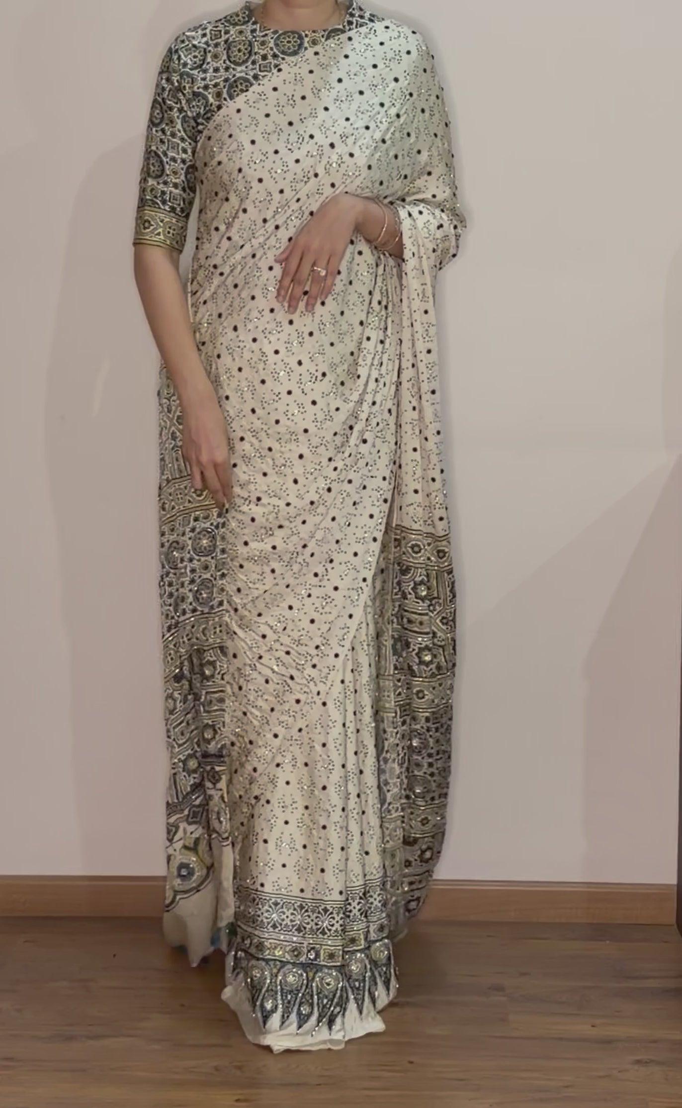 Ajrakh pure modal silk hand dyed, hand block printed and handworked saree