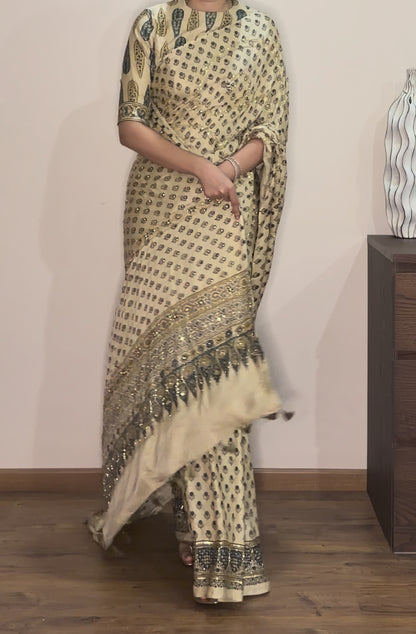 Ajrakh pure handloom gajji silk hand dyed, hand block printed and handworked saree