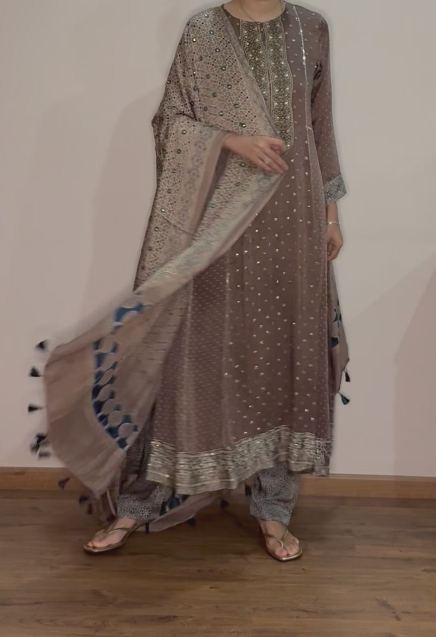 Ajrakh hand dyed hand block printed modal silk panel cut salwar set with cut bead handwork