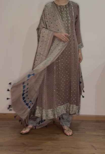 Ajrakh hand dyed hand block printed modal silk panel cut salwar set with cut bead handwork