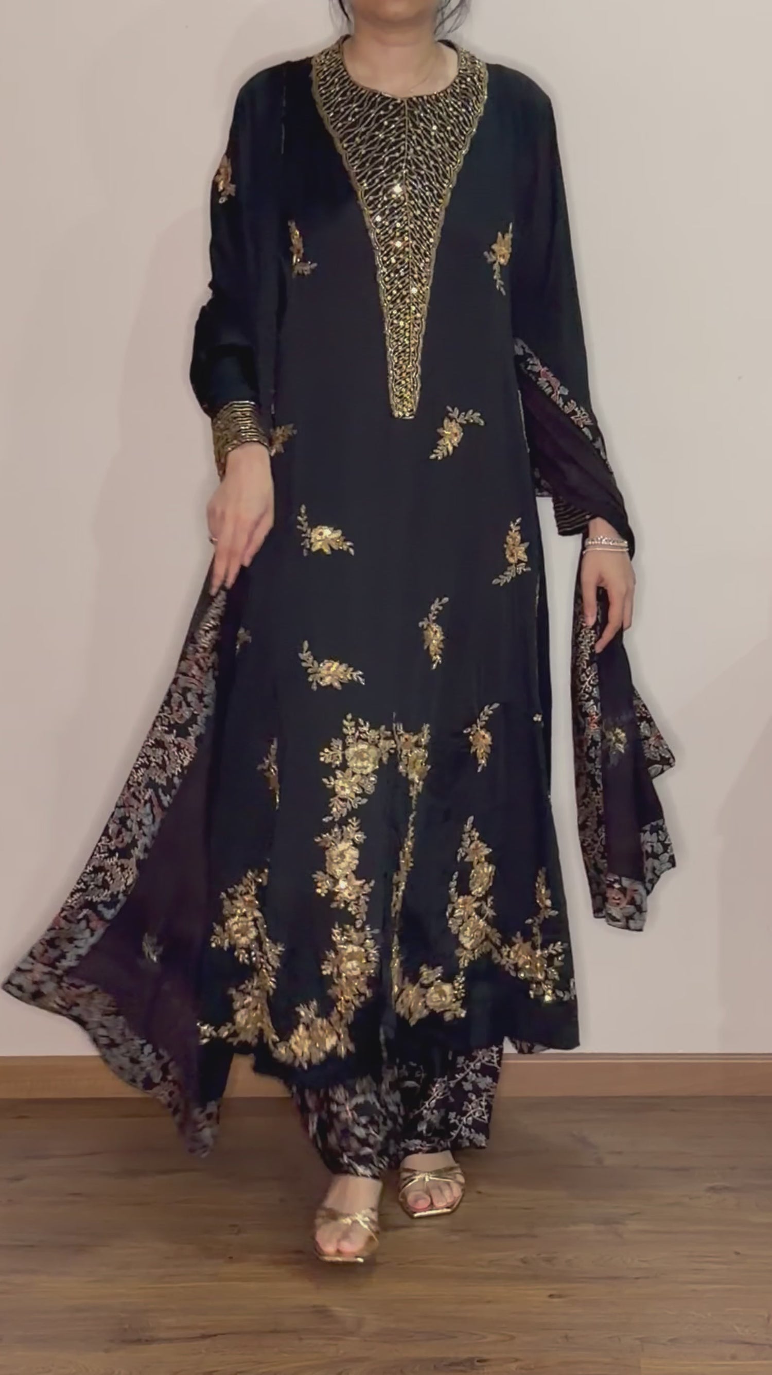 Ajrakh hand dyed hand block printed modal silk panel cut salwar set with cut bead handwork