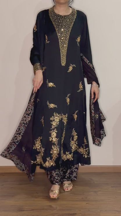 Ajrakh hand dyed hand block printed modal silk panel cut salwar set with cut bead handwork
