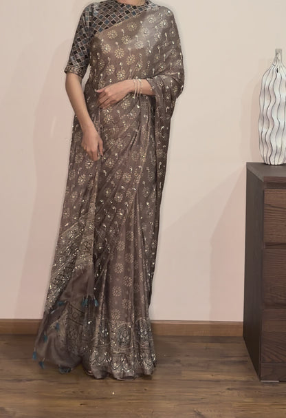 Ajrakh pure handloom gajji silk hand dyed, hand block printed and handworked saree