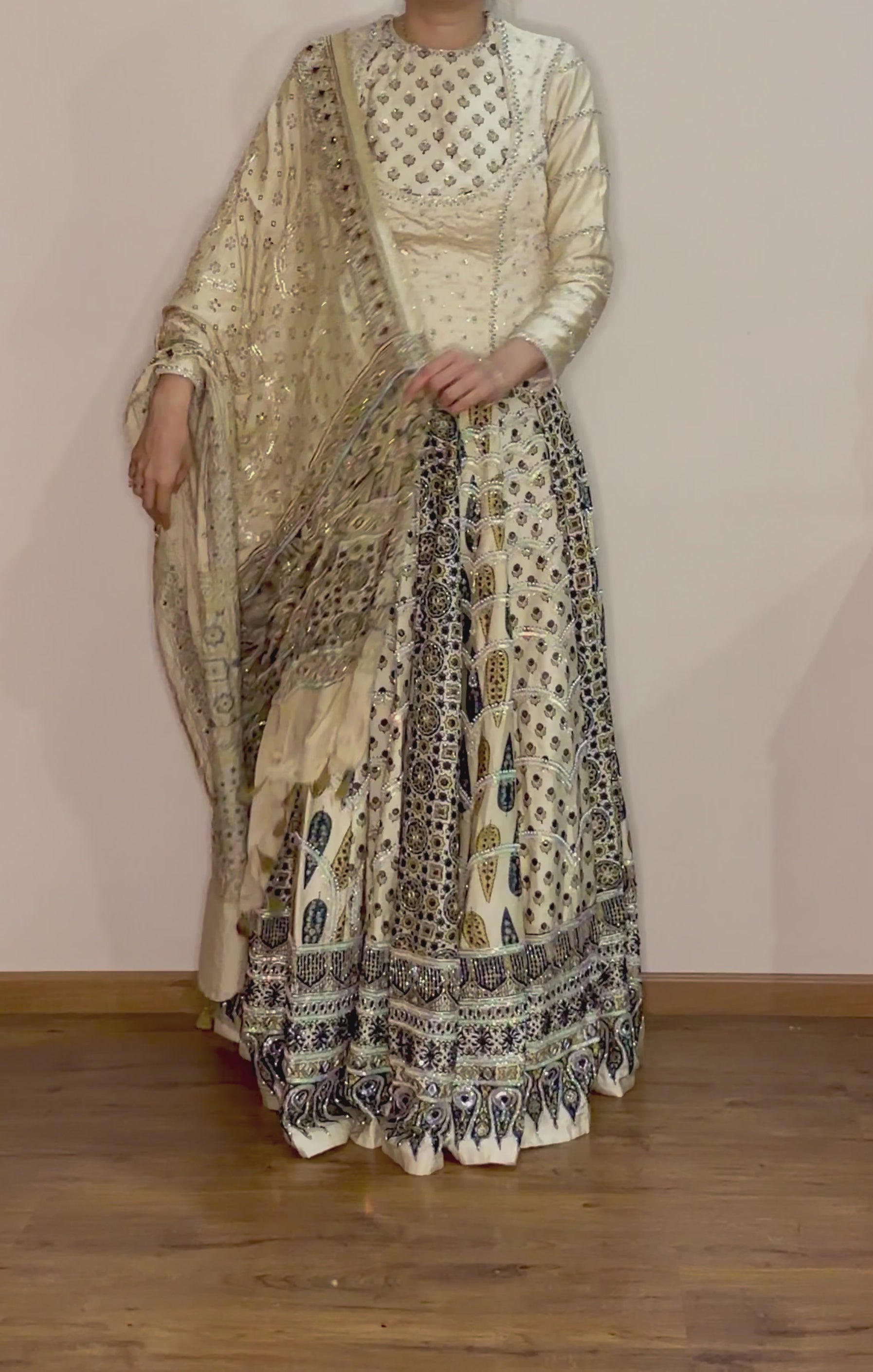 Custom made Ajrakh hand dyed hand block printed modal silk bridal lehenga set with pure handloom gajji silk dupatta detailed out with hand embroidry