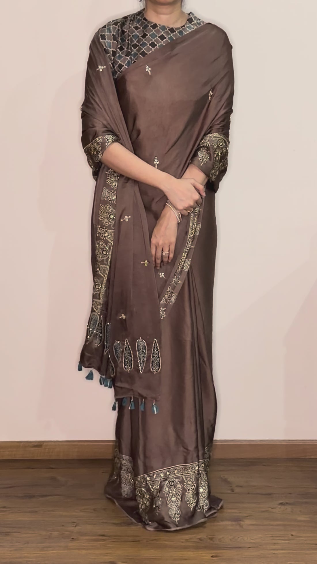Bespoke ‘Jasmine’ hand printed 
Ajrakh pure modal silk hand dyed, hand block printed and handworked saree