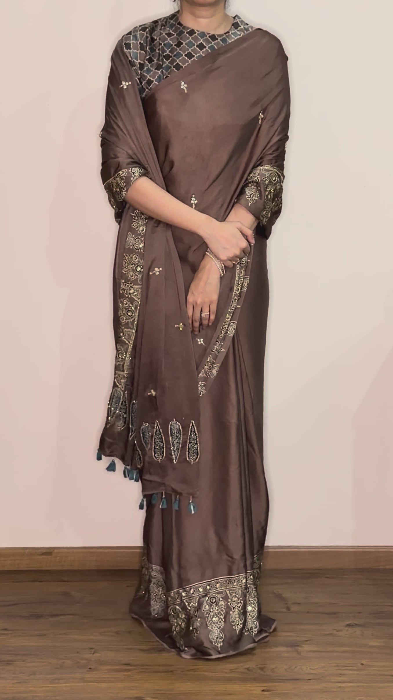 Bespoke ‘Jasmine’ hand printed 
Ajrakh pure modal silk hand dyed, hand block printed and handworked saree