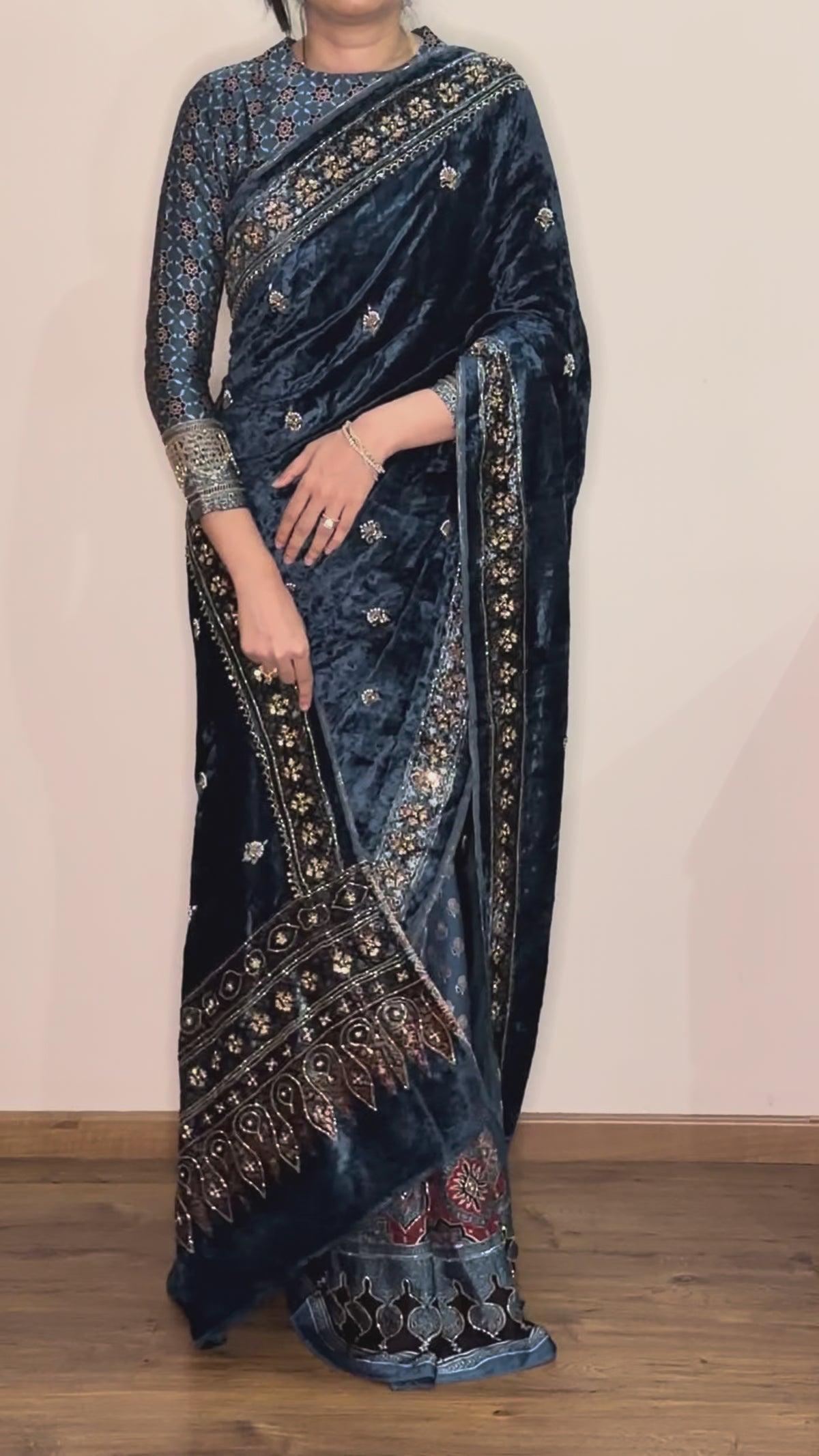 Ajrakh pure velvet silk hand dyed, hand block printed and handworked saree