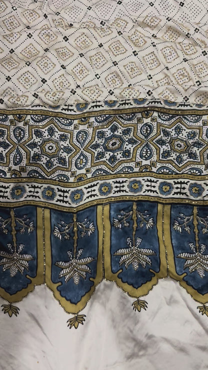 Ajrakh pure modal silk hand dyed, hand block printed and handworked saree