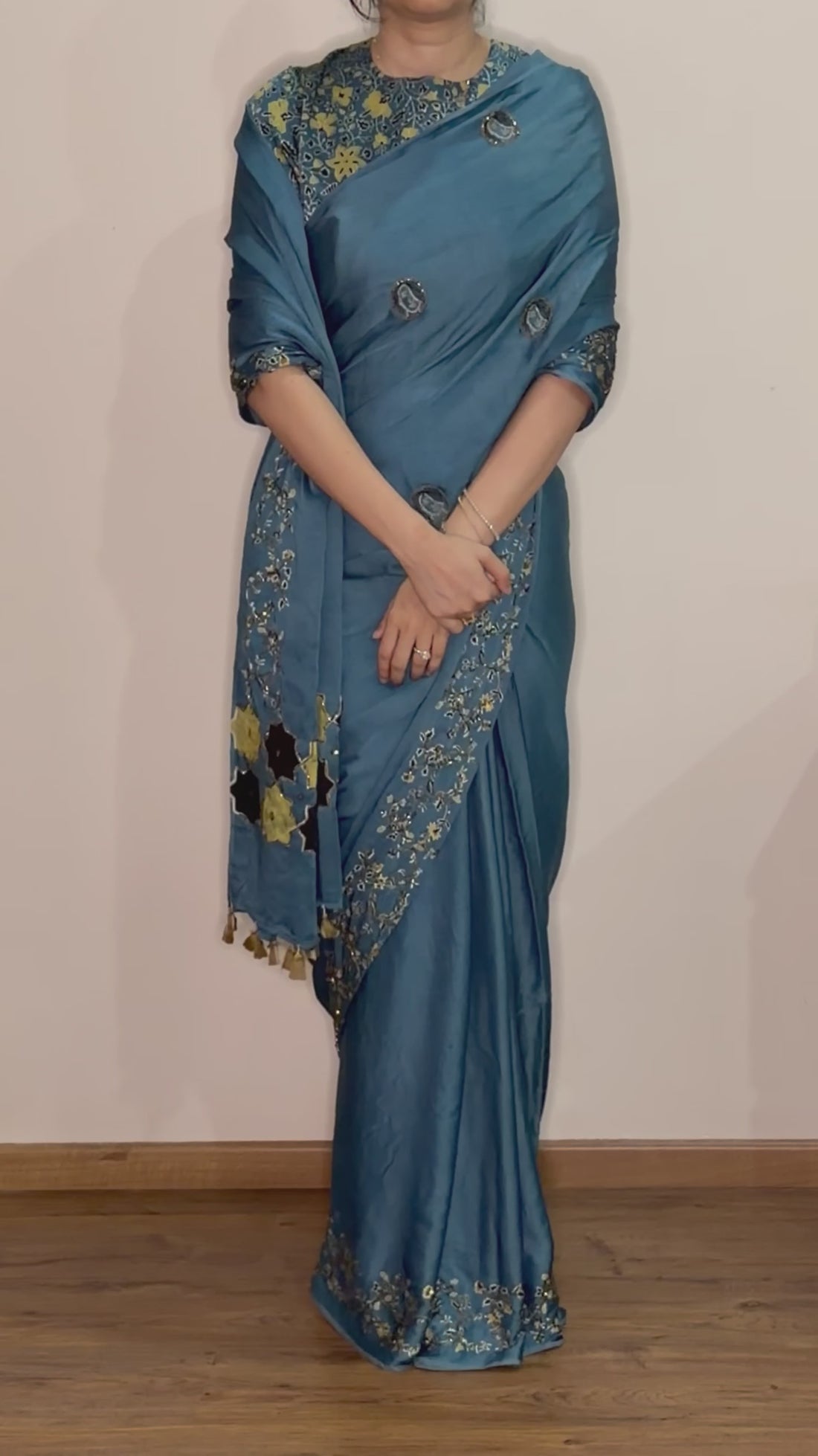 Bespoke ‘Jasmine’ hand printed Ajrakh pure modal silk hand dyed, hand block printed and handworked saree