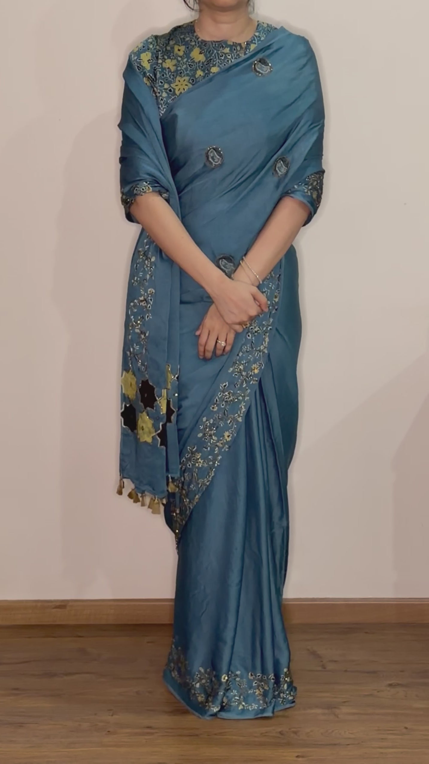 Bespoke ‘Jasmine’ hand printed Ajrakh pure modal silk hand dyed, hand block printed and handworked saree