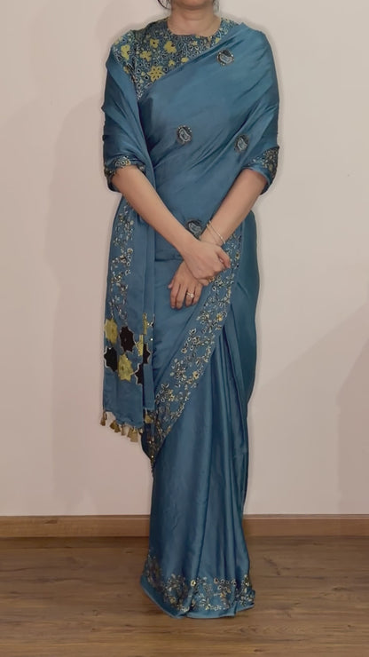 Bespoke ‘Jasmine’ hand printed Ajrakh pure modal silk hand dyed, hand block printed and handworked saree