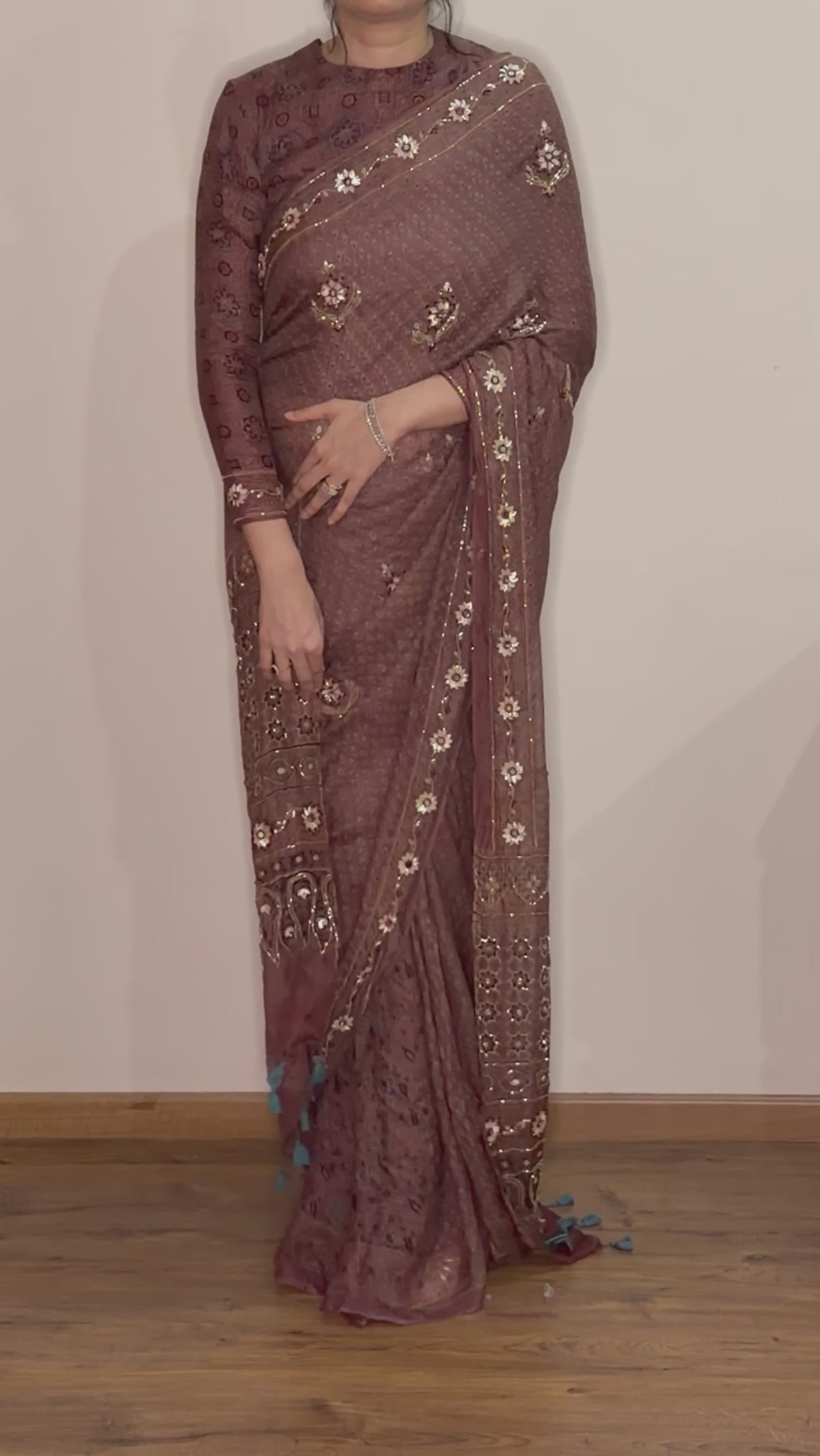 Ajrakh pure kota silk hand dyed, hand block printed and handworked saree
