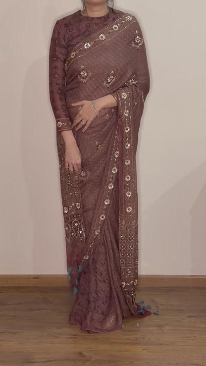 Ajrakh pure kota silk hand dyed, hand block printed and handworked saree
