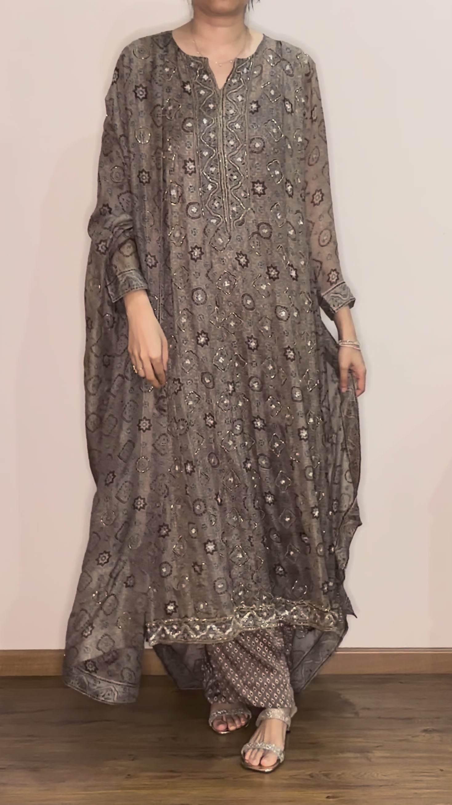 Ajrakh hand dyed hand block printed kota silk jacket set with cut bead handwork