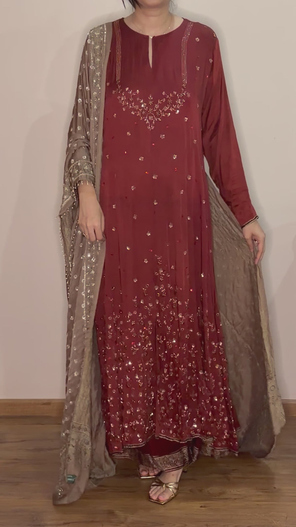 Ajrakh hand dyed hand block printed modal silk panel cut salwar set with cut bead handwork