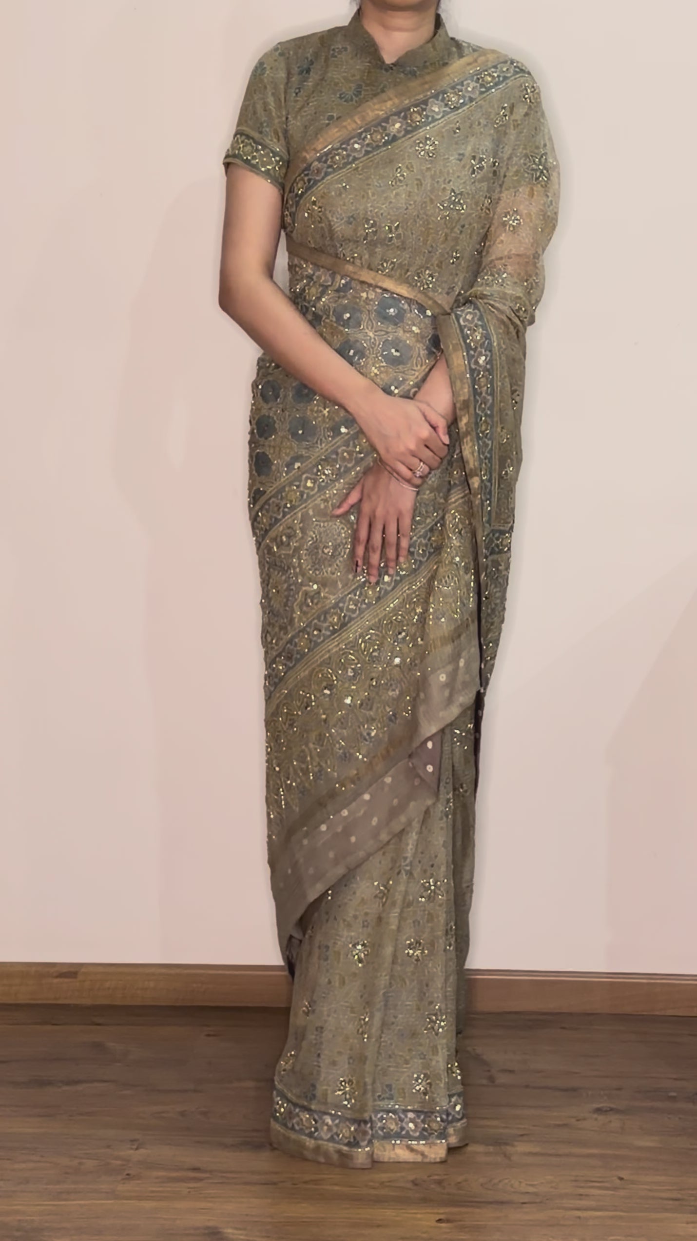 Ajrakh pure kota doria hand dyed, hand block printed and handworked saree