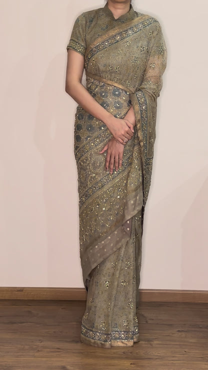 Ajrakh pure kota doria hand dyed, hand block printed and handworked saree