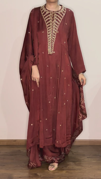 Ajrakh hand dyed hand block printed modal silk panel cut salwar set with cut bead handwork