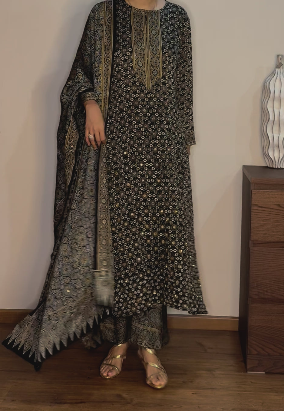 Ajrakh hand dyed hand block printed modal silk straight cut salwar set with cutbead handwork